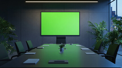 Fototapete - huge projector green screen office work station meeting room chroma key monitor filming location indoor modern scene mockup composition sunlight sun rays from windows