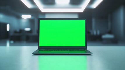 Fototapete - 3d realistic render of laptop with green screen chroma key monitor in modern office with soft white lighting real atmosphere