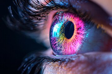 Poster - Futuristic digital art of a glowing eye with an iris displaying intricate fractal reflections,