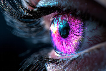 Fototapete - Futuristic digital art of a glowing eye with an iris displaying intricate fractal reflections,