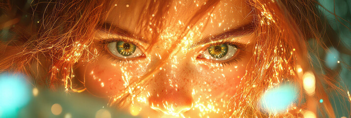 Poster - A luminous portrait of a radiant young woman, her alluring eyes glowing with mystery and framed by