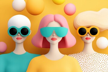 Poster - Colorful figures with unique hairstyles wearing vibrant sunglasses, cheerful and playful.