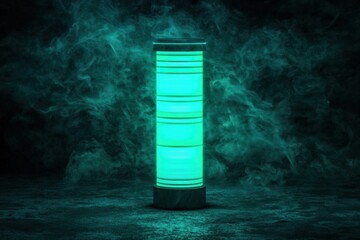 Poster - glowing green cylindrical object emanating light in a dark space.