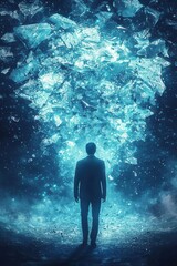 Poster - realistic iceberg concept with a figure in suit, evoking mystery and innovation.
