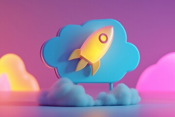 Poster - Vibrant blue speech bubble with a yellow rocket design, representing creativity and innovation.