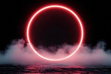 Poster - circular neon turbine design emitting red light in dark fog.