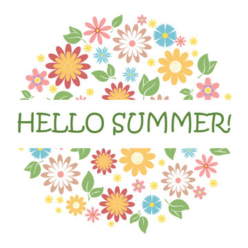 Hello summer floral wreath banner. Seasonal floral template with lettering. Round floral design with text. Vector graphic