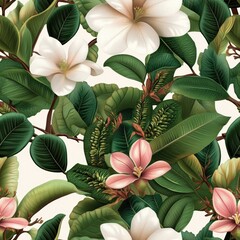Poster - Seamless Lush seam of tropical leaves and vibrant flowers creating a beautiful natural frame for nature inspired backgrounds