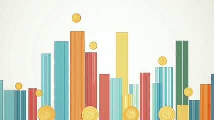 Poster - Colorful bar graph with jumping coins, abstract financial growth