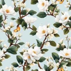 Poster - Seamless Stunning pattern of white magnolia flowers on a soft background capturing the essence of spring and natural beauty
