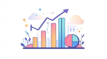 Aufkleber - Abstract graphic of growing chart data, with pie chart and background of clouds, plants and soft color gradients. Ideal for business, marketing, or education use