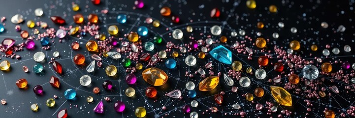 Wall Mural - jewels in various colors scattered across a black infinity pattern background, resembling a celestia