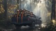 © RaptorWoman - A rugged pickup truck transports logs through a sunlit forest, highlighting the harmony between machinery and nature during autumn.