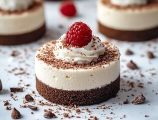 Poster - Rich creamy cheesecake with whipped cream and raspberry topping on a white background : Generative AI