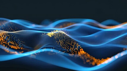 Poster - Abstract Digital Waves Mesmerizing Flow of Blue and Orange Particles, Showcasing Energy and Light in Vibrant Technological Design