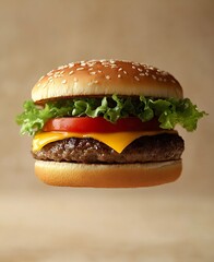 Poster - Classic cheeseburger with fresh lettuce and tomato presented in an artsy floating style for appetizing effect : Generative AI