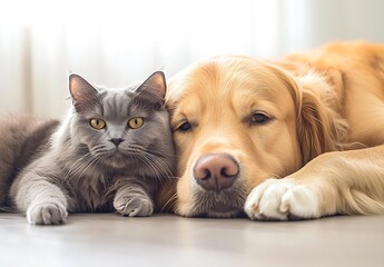 Poster - Golden retriever and gray cat resting together in soft light creating a cozy atmosphere : Generative AI