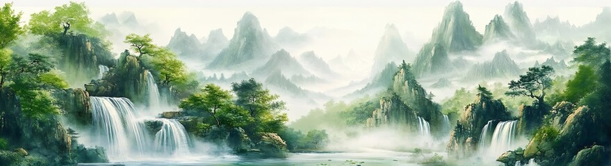 Aufkleber - Elegant Misty Mountains with Flowing Waterfalls and Lush Greenery : Generative AI