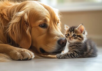 Poster - Heartwarming Moment Between a Dog and Kitten Captured in Natural Light : Generative AI