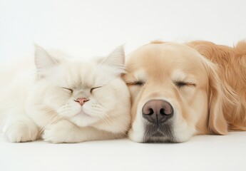 Aufkleber - Cute Cat and Dog Sleep Together Contentedly on Soft White Surface : Generative AI