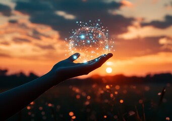 Poster - Hand Reaching Out to a Glowing Network Sphere Against a Golden Sunset : Generative AI