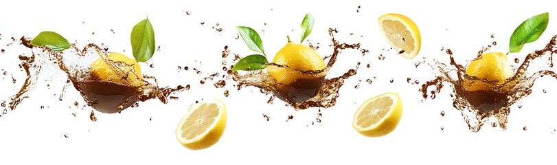 Poster - Fresh Juicy Lemons Creating Splashes in Clear Water With Green Leaves for Refreshing Beverages : Generative AI