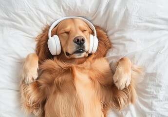 Aufkleber - Cute golden retriever relaxing with headphones on white bed enjoying music and relaxation : Generative AI