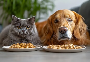 Aufkleber - Playful Cat and Golden Retriever Enjoying Their Meals Together : Generative AI