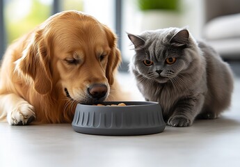 Poster - Curious Golden Retriever and Grey Cat Investigating Their Food Bowl Together : Generative AI