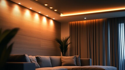 Poster - Stylish LED spotlights under the ceiling, enhancing a modern living room decor with soft and directional lighting