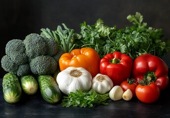 Poster - Fresh Organic Vegetables Including Broccoli Bell Peppers Garlic Cucumbers and Herbs on Dark Background : Generative AI
