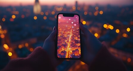 Poster - Stunning Cityscape Captured Through a Smartphone at Dusk with Bokeh Effect : Generative AI