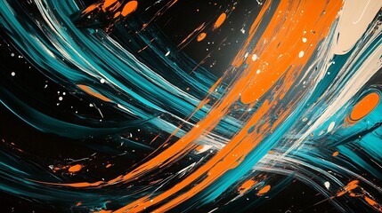 Fototapete - Dynamic Abstract Art with Swirling Orange and Teal Paint Strokes on Black Canvas : Generative AI