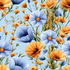 Poster - Seamless Beautiful arrangement of vibrant blue and orange flowers in full bloom creating a stunning natural display