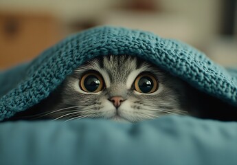 Poster - Curious Cat with Big Eyes Peeking from Under Blue Blanket : Generative AI