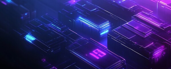 Poster - Futuristic Digital Blocks with Neon Lights for Innovative Technology and Art Concepts : Generative AI