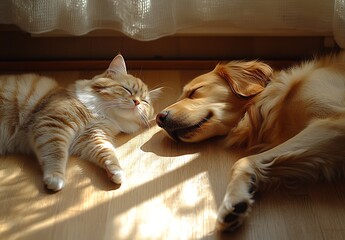 Poster - Golden Retriever and Tabby Cat Sleeping Together in Soft Sunlight : Generative AI