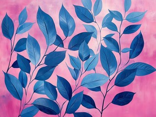 Poster - Artistic Blue Leaves Silhouetted Against a Soft Pink Background for Unique Decor : Generative AI