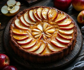 Poster - Homemade Apple Cake with Slices and Fresh Apples on Rustic Wooden Background : Generative AI