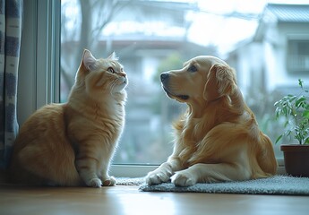 Aufkleber - Cat and Dog Sitting Together by the Window with an Adorable Expression : Generative AI