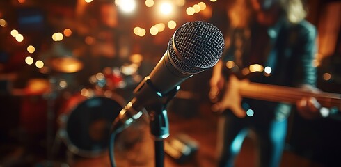 Aufkleber - Vibrant close up of a microphone on stage with blurred musicians in the background : Generative AI