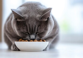 Poster - Cute Grey Cat Enjoying Meal from White Bowl on Floor at Home : Generative AI