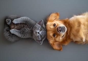 Poster - Joyful golden retriever and playful gray cat lying together on a soft gray surface : Generative AI