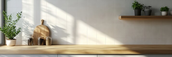 Poster - Kitchen counter with a wooden shelf and a potted plant.