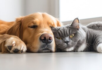 Poster - Adorable Golden Retriever and Cute Gray Cat Sleeping Peacefully Together on Floor : Generative AI