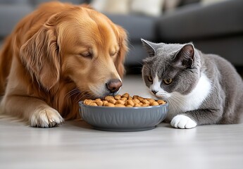 Poster - Golden Retriever and Gray Cat Sharing a Bowl of Kibble in a Cozy Living Room : Generative AI