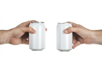Poster - Two hands holding white cans toasting cheers with a minimalist background : Generative AI