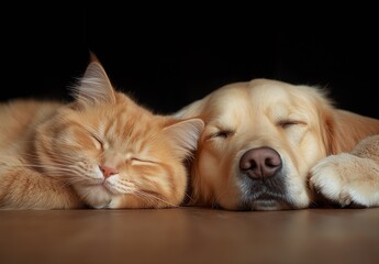 Poster - Adorable Cat and Dog Sleeping Peacefully Together Creating a Heartwarming Scene : Generative AI