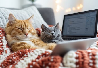 Poster - Two Cats Relaxing Together on a Cozy Blanket with a Laptop in the Background : Generative AI