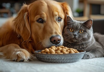 Poster - Adorable Golden Retriever and Grey Cat Snuggling Together with Food Bowl Cozy Scene : Generative AI